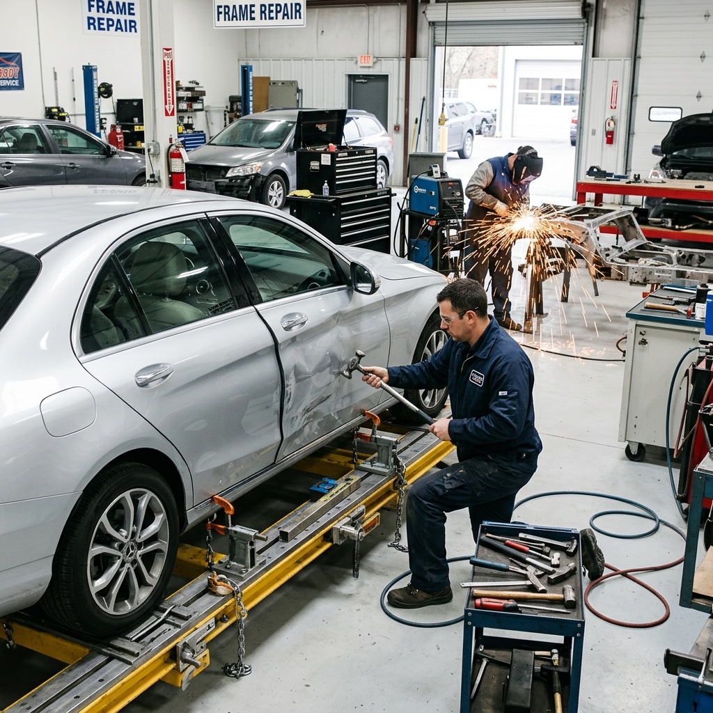 Frame alignment work in shop